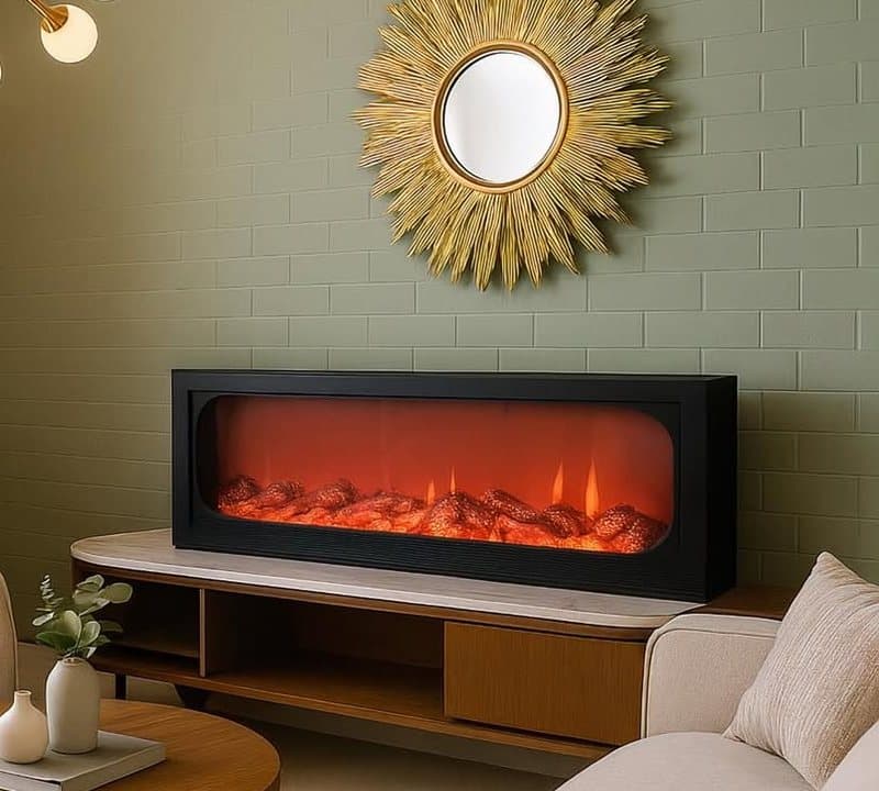 Linear electric fireplace under a sunburst mirror