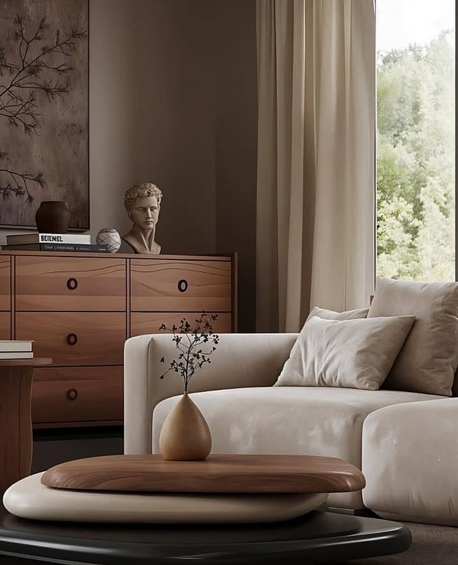 Living room with walnut chest, bust and cream sofa
