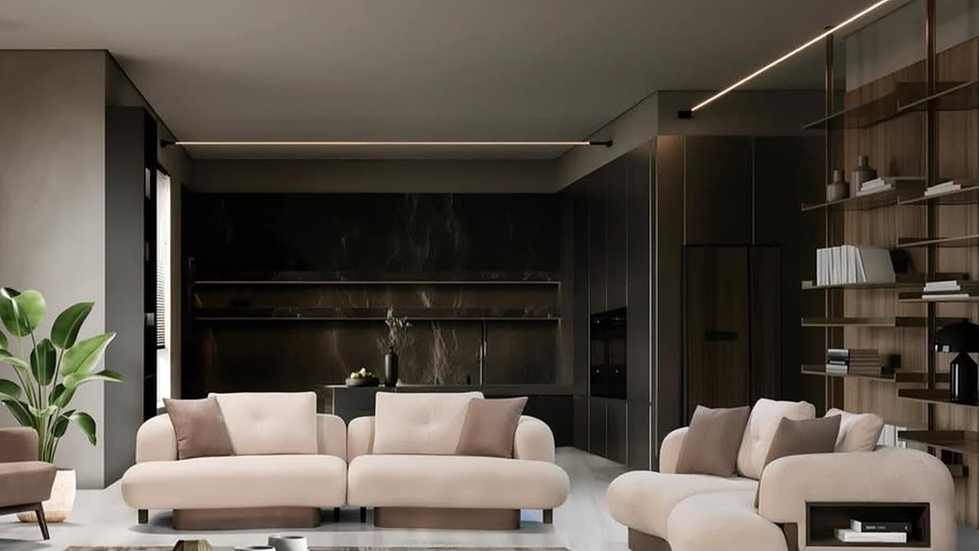 Curved cream sofa set in a dark-panelled living room