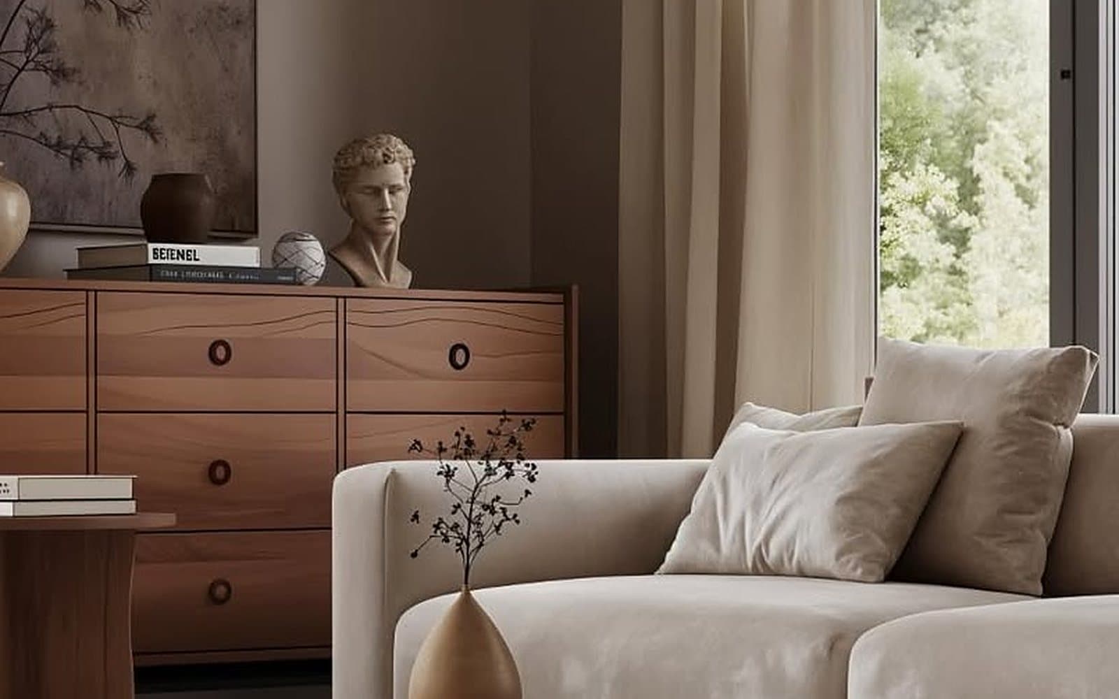 Living room with walnut chest and bust