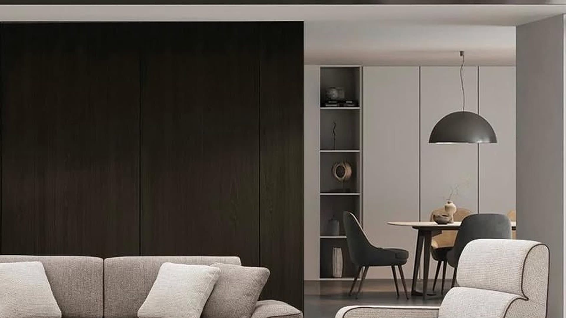 Living room with lounge sofa and swivel armchair