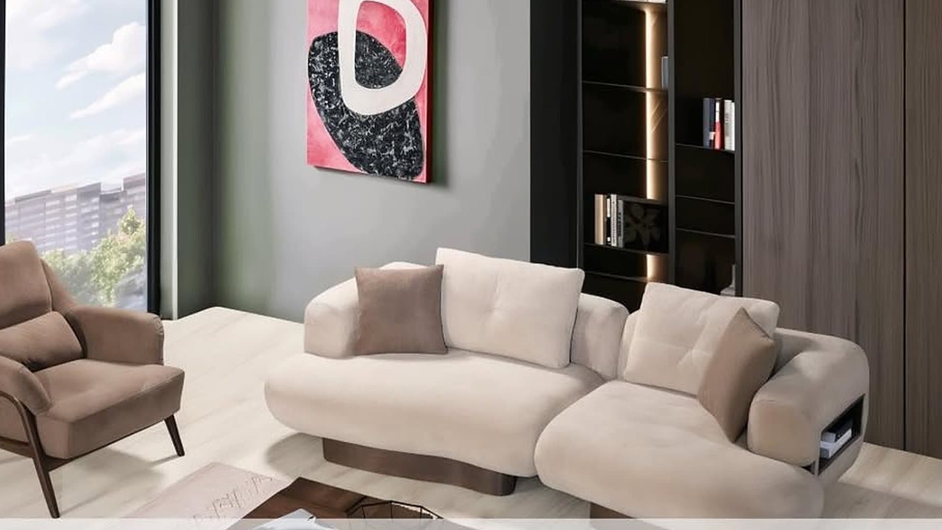 Showroom living room with cream sofas